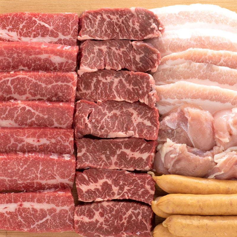 BBQバーベキュー焼肉セット5種盛り（カルビ、ハラミ、鶏もも、豚トロ、ウインナー）1kg